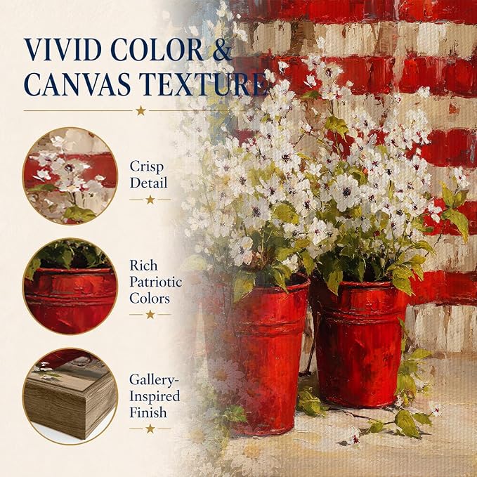 American Flag Framed Canvas Wall Art, 4th of July Floral Canvas Prints | Wildflower Landscape Poster Print, Vintage Rustic Independence Day Wall Decor for Bedroom Living Room Office 6×8in