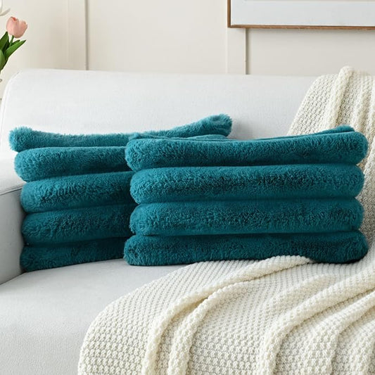 HAUSSY 2 Pack Lumbar Pillow Covers 12x20 Inch, Faux Fur Decorative Couch Throw Pillows Soft Striped Plush Cushion Covers Home Decor Cute Furry Pillowcase for Living Room Sofa Bed, Teal (Covers Only)