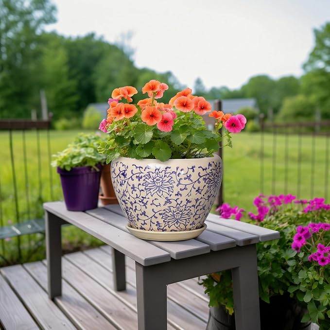 Ceramic Pots for Plants - 8 Inch Plant Pot with Drainage Hole and Saucer, Modern Flower Pots for Indoor Outdoor Plants, Round Decorative Planter, Bedroom Decor, Plant Lover Gift, Retro Blue