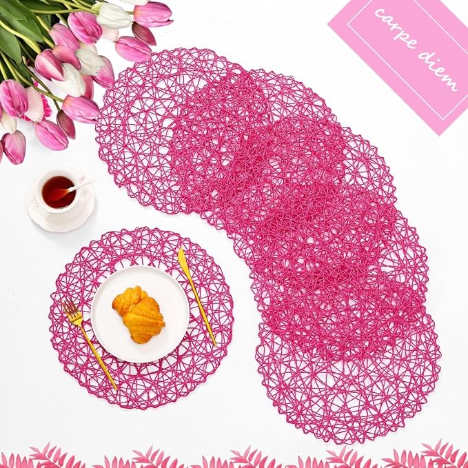 IcosaMro Rosy Round Placemats Set of 12 for Dining Table, 13 Inches Paper Woven Boho Small Decorative Circle Place Mat for Wedding Christmas Thanksgiving Day Holiday Dinner, Rosy