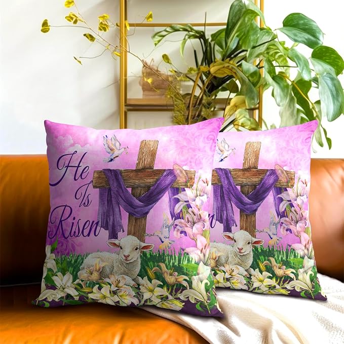 He is Risen Cross Christian Throw Pillow Covers 22''x22'' Set of 2 Easter Spring Pillowcase Religious Lily Floral Lamb Cotton Square Cushion Case Happy Holiday Pillows Protector for Home Sofa
