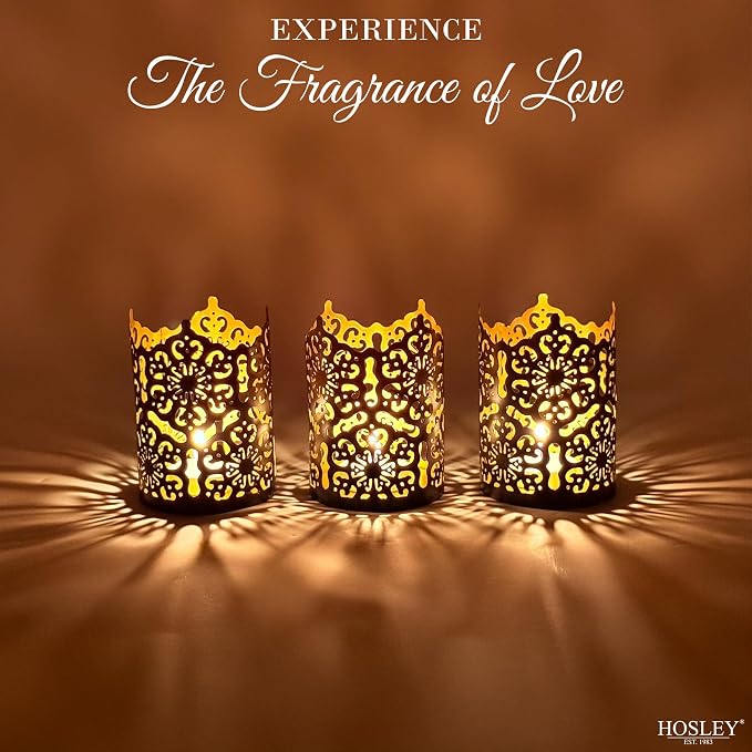 Hosley Set of 3 Black Finish Metal Candle Holders 4 Inch High Lattice Cut Lanterns for Coordinated Elegance and Enchanting Illumination Elevate Your Decor