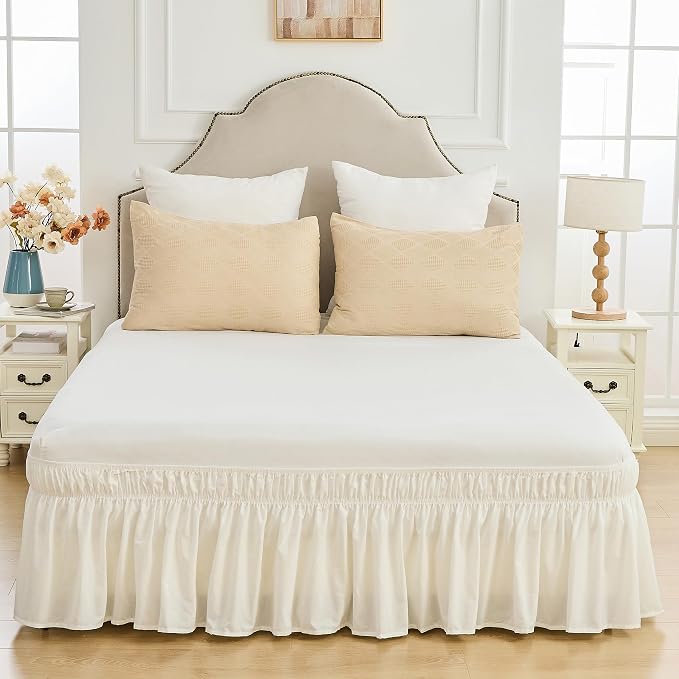 BISELINA Wrap Around Bed Skirts 17" Drop, Cotton Adjustable Elastic Dust Ruffles Easy Fit Wrinkle & Fade Resistant Soft Cozy Elegant Luxurious Bedding - White, Queen Size