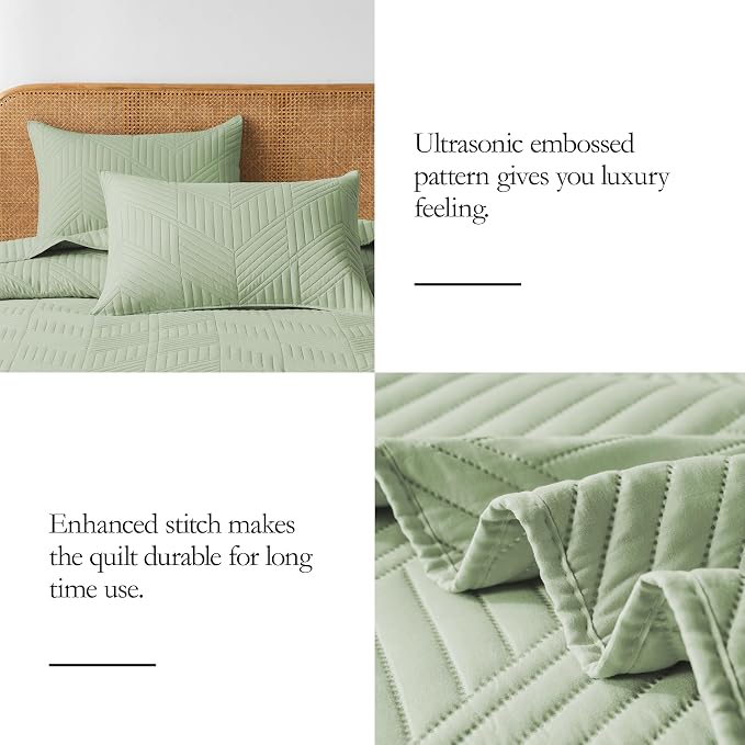 Davulos Queen Quilt Bedding Set,Sage Green Ultrasonic Full/Queen Quilt Set Reversible Microfiber Bedspread,Lightweight Soft Modern Geometric Coverlet Set for All Seasons(1 Quilt,2 Pillow Shams)