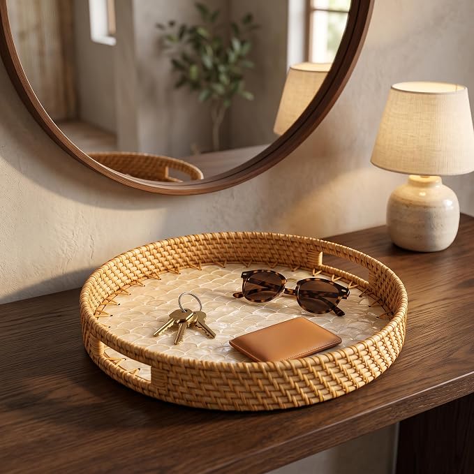 JUNGLE CULTURE Round Rattan Tray Mother of Pearl Inlay • Cascade Light 14"