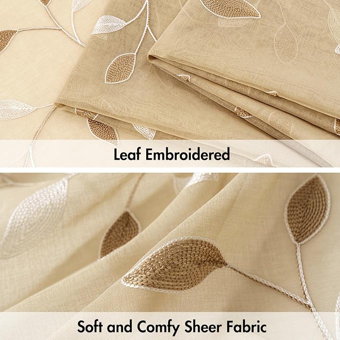 MIULEE Khaki Sheer Curtains 2 Panels Embroidered Leaf Patterned, W52 x L63 | Embroidered Floral Semi Sheer,Rod Pocket,Faux Linen,Short Window Curtains Drapes Set for Kitchen/Bathroom/Cafe