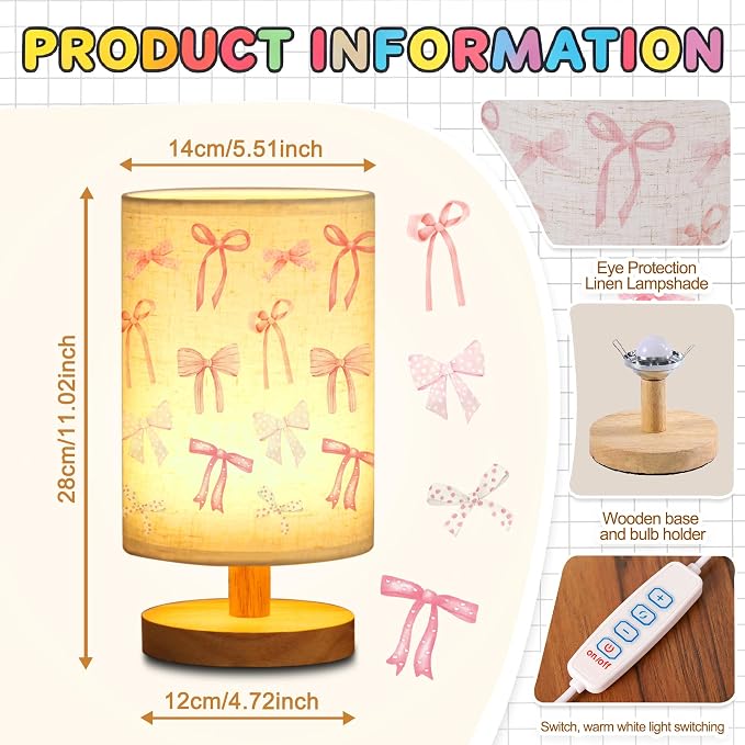 WSYEAR Daughter Gifts Bow Kids Table Lamp for Bedroom Kids Bedside Lamp with Linen Wooden Nightstand Cartoon Nursery Lampshade for Girls Living Room