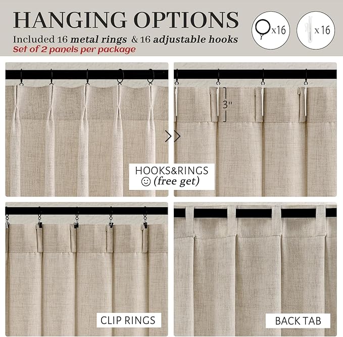PleatedDrapes Natural Linen Viral 105 Inch Curtains for Dining Room, Textured Boho Beige Semi Sheer Farmhouse Curtain 2 Panels Set with Hooks&Rings for Bedroom 104-106 Inch Window Drapes W40 xL105