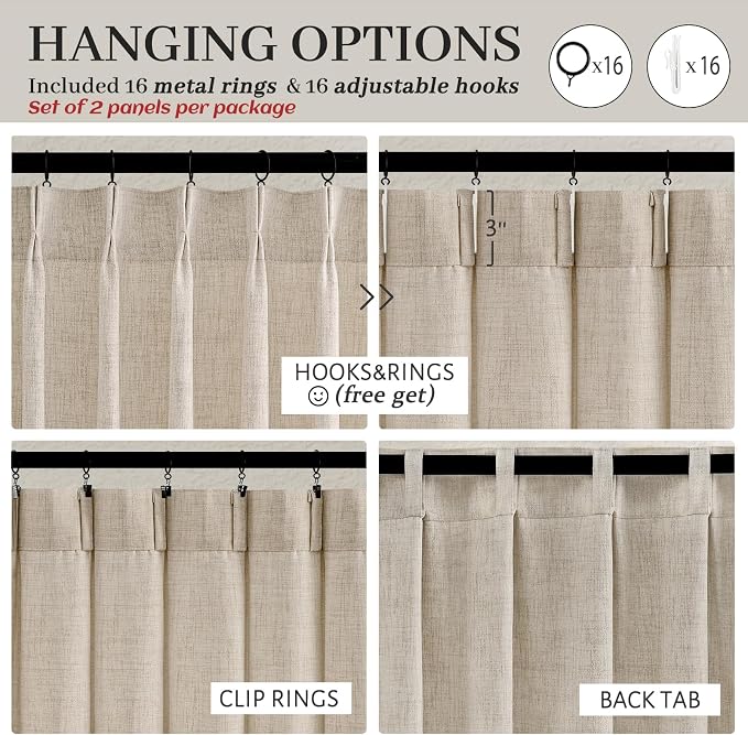Pinch Pleat Semi Sheer Curtains 84 Inches Long for Bedroom,Elegant Natural Beige Faux Linen Light Filtering Heat Textured Curtains 2 Panels Set with Track Hooks/Rings for Living Room Windows W40 xL84