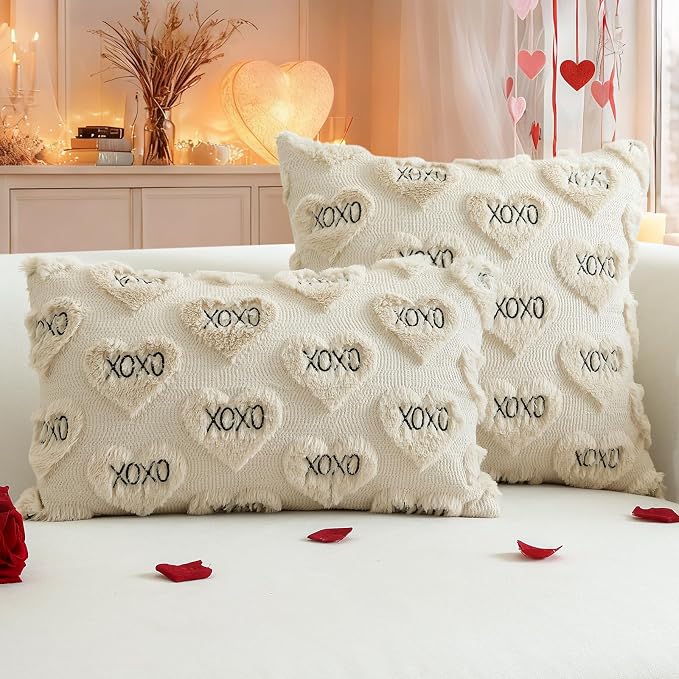 Artscope Valentines Pillow Covers 16x16 Set of 2 Decorative Love Heart XOXO Valentine's Day Throw Pillow Cases Soft Plush Faux Fur Couch Cushion Case for Holiday Sofa Bed Room Home Decor-Beige XOXO