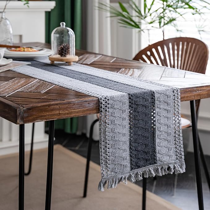 Macrame Table Runner Grey Boho Table Runners with Tassels 12x36in | Alynsehom Hand Woven Cotton Table Runner Rustic Farmhouse Table Runners for Bohemian Kitchen Dining Table