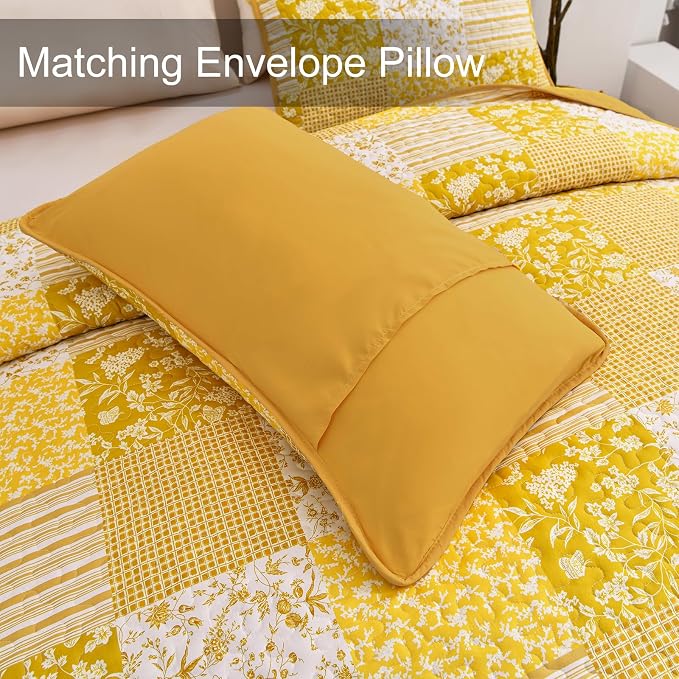 Mybedsoul Boho Quilts Queen Size, Floral Patchwork Fall Bedding Set, Yellow | Soft Lightweight Microfiber Coverlet Set, 3 Pieces Plaid Reversible Bedspread, Bed Sets for All Seasons 90"x96"