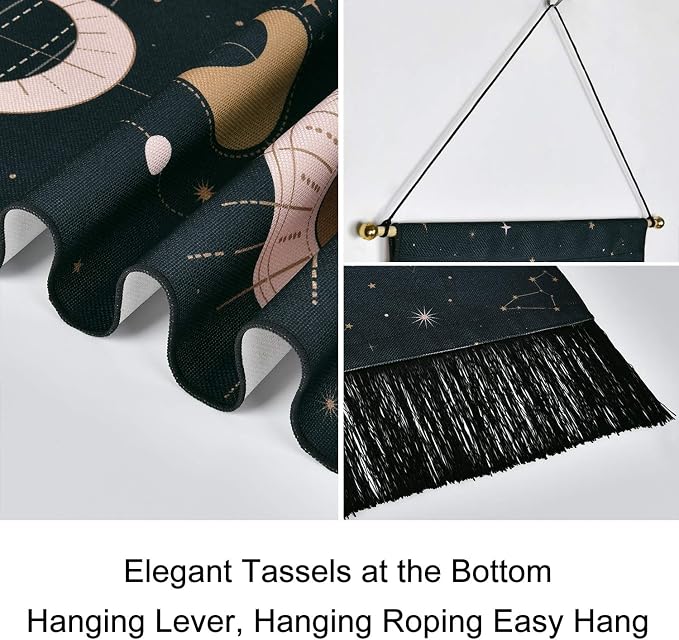 Moon Phase Wall Hanging Art - Bohemian Tapestry for Room (Black, 12.8 x 51.2 inches)