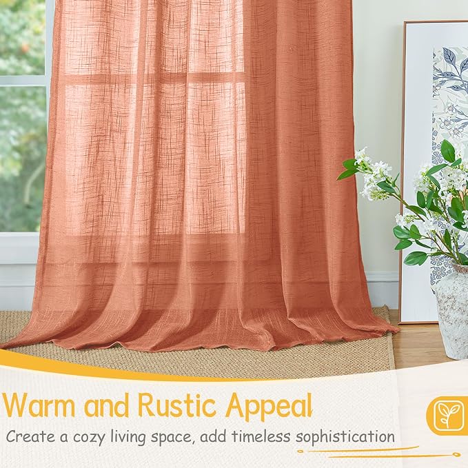 YoungsTex Burnt Orange Linen Semi Sheer Curtains 42 X 45 Inch Long | Short Drapes with Rod Pocket Back Tab Rustic Lightweight Fall Decor for Bathroom Living Room Window, 2 Panels, 42 X 45 Inch