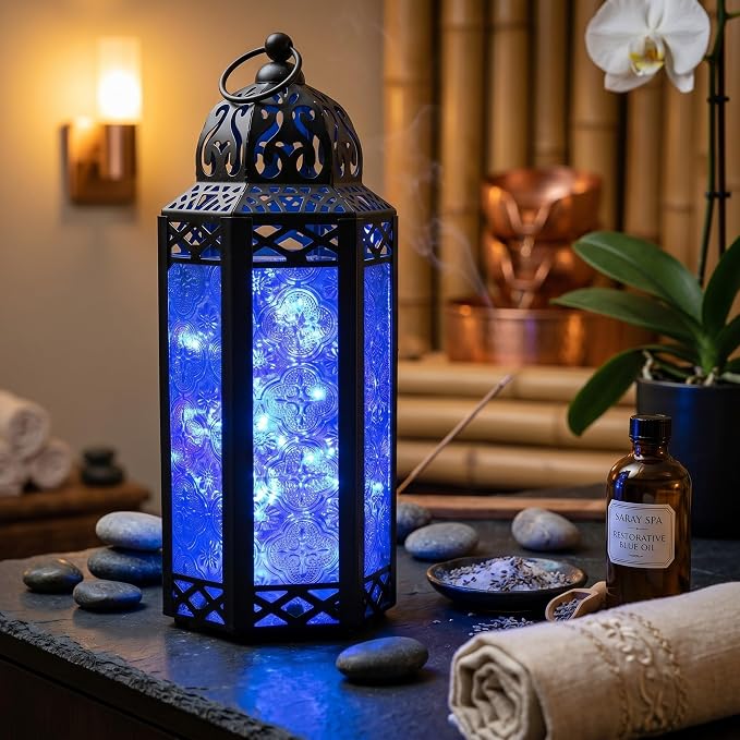 Vela Lanterns Decorative Indoor Fairy Light Candle Holder, Cobalt Blue, M | Fantasy Moroccan Decor, Ramadan & Eid, Wedding Table Centerpieces, Metal Hanging Bathroom Lamp, Outdoor Patio, 10.5" Tall