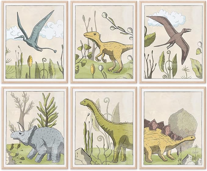 Dinosaurs In Prehistoric Landscapes Art Prints (Set of 6) - Unframed - 8x10s | Ideal Decor for Nurseries, Playrooms, or Classroom Walls | Wall Art to Inspire Wonder and Exploration in Every Glimpse