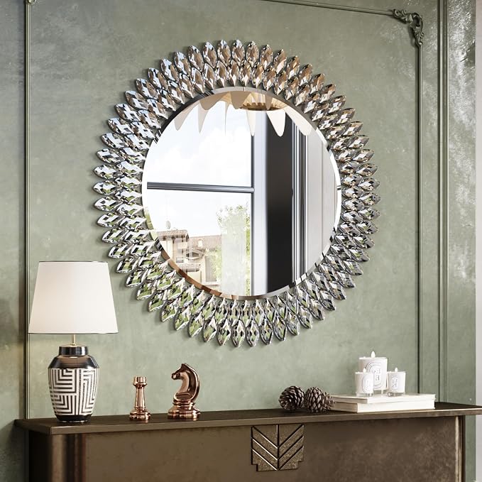 Kelly Miller 28" Jeweled Luxury Round Decorative Wall Mirror | Elegant diamond beveled vanity mirror. Perfect wall mirror for living room, bedroom, entryway.