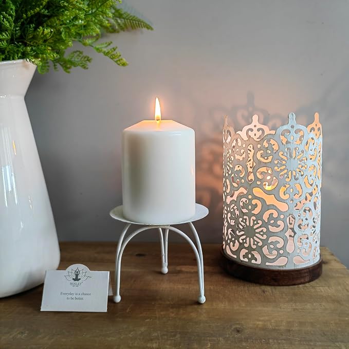 Hosley 7.5" White Metal Candle Holder – Diamond Cut Design Lantern for Home Decor, Weddings, Parties, Events, Gifts & Indoor Outdoor Lighting