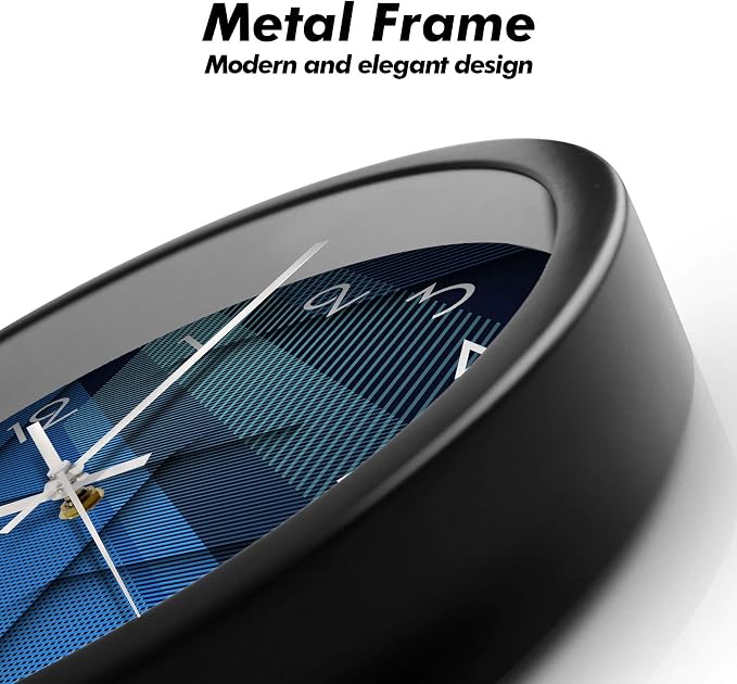 Silent Non-Ticking Analog Wall Clock, Geometric Blue Print, 14'' | Battery Operated, Modern, Metal Frame & HD Tempered Glass, Decorative for Home & Office, Bedroom, Kitchen, Living Room
