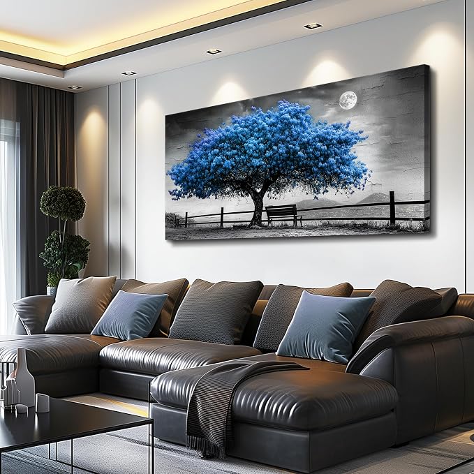 FUHAIHUA Canvas Wall Art For Living Room Wall Decor For Bedroom Office Wall Decoration Black And White Landscape Painting Blue Tree Pictures Artwork Room Aesthetic Home Decor 20x40 In