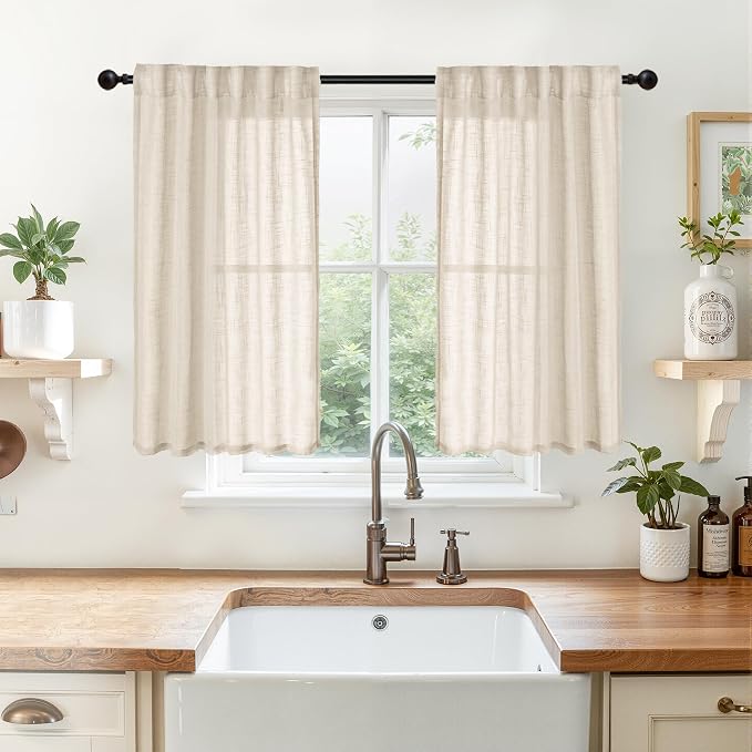 YoungsTex Oatmeal Linen Semi Sheer Curtains 34X48 Inch Long 2 Panels Set | Natural Short Drapes Light Filtering with Rod Pocket Back Tab for Kitchen Bathroom Windows, 34 X 48 Inch