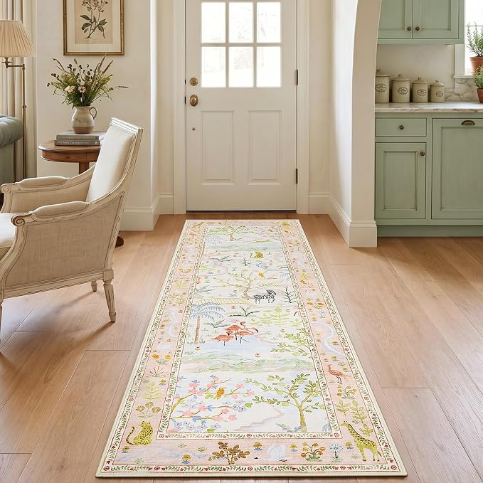 2x6 Hallway Runner Rug Non Slip Forest Nursery Runners Washable Stain Resistant Fairy Tale Whimsical Long Runner Carpets Girls Room Blush Safari Animal Rugs for Living Room Kitchen Bedroom, PeachBlush