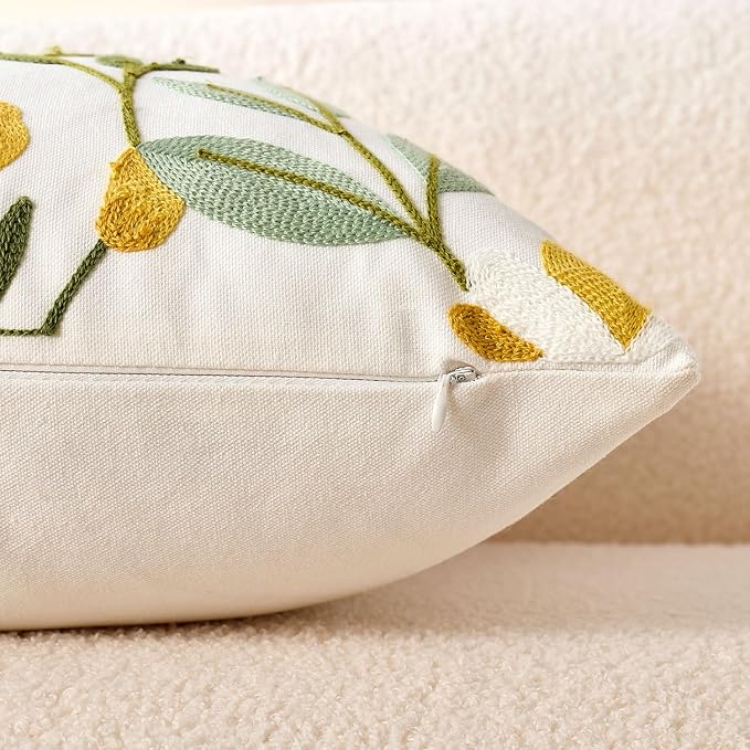 Embroidered Floral Lumbar Pillow Covers Flowers Decorative Couch Pillow Covers Farmhouse Green Floral Tufted Pillow Covers 12x20 Square Cushion Cases Set of 2 for Living Room Couch Sofa Bed Home Decor
