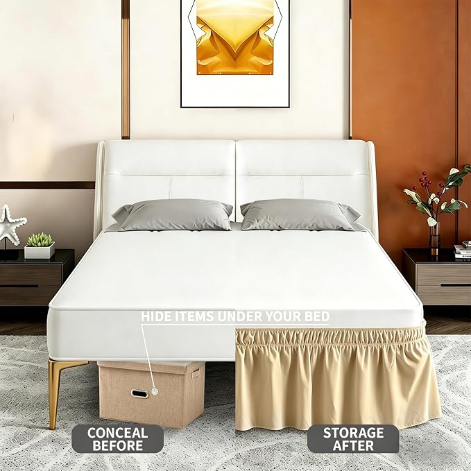 ANARACHON King Bed Skirt, Elastic Wrap Around Bed Skirt King Size, Bed Skirts for Adjustable Bed, Easy Fit with 14" Drop Length Tailored Drop Dust Ruffle (Gold)