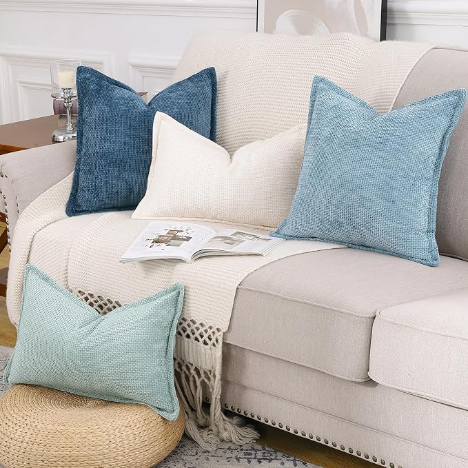 MADIZZ Decorative Chenille Velvet Throw Pillow Covers Set of 2 Soft Boho Textured Neutral Couch Throw Pillow for Bed Modern Farmhouse Home Decor for Sofa Livingroom Dark Blue 12x20 Inch