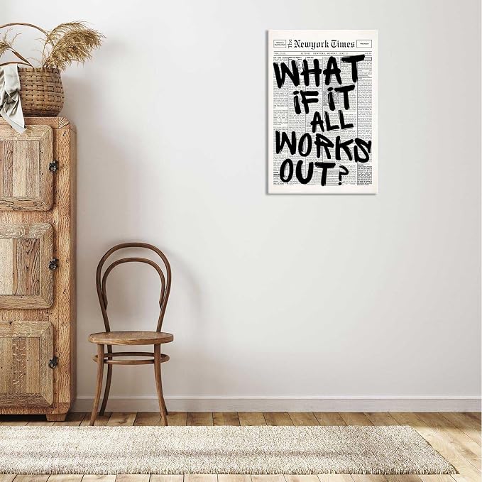 Drimiler Retro Black And White Newspaper Poster What If It All Works Out Canvas Wall Art Positive Affirming Quote Minimalist Prints Painting For Home Bedroom Dorm Wall Decor 8x12in Wframed