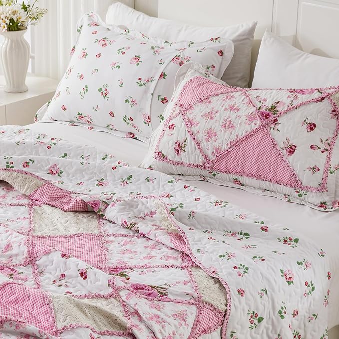 Oversized King Quilt Set Pink Floral Patchwork Alaska King Bedspreads Set | 3-Piece Alaskan King Size Bedding Set 132x120 Rversible Quilted Coverlet Lightweight Comforter Bed Cover with 2 Pillowcase
