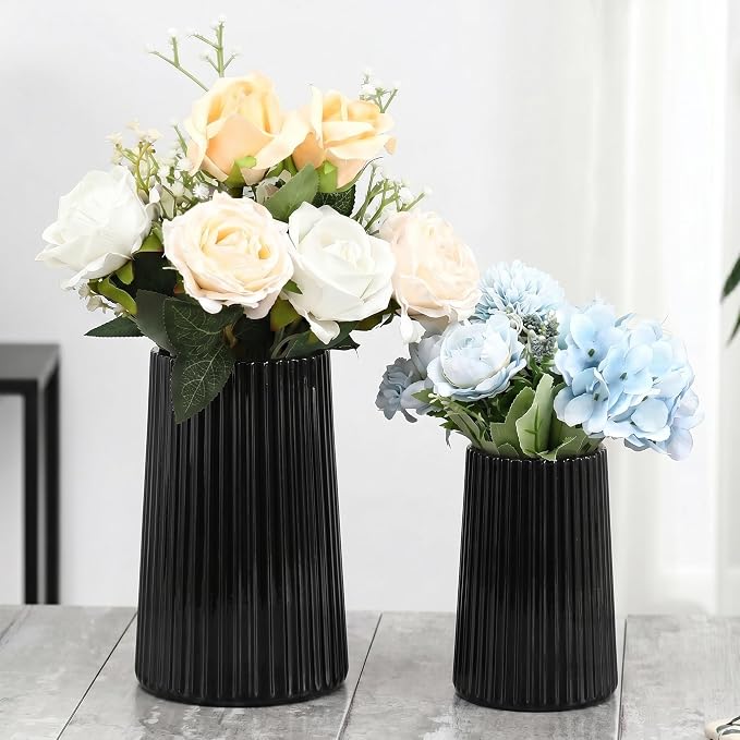 Ribbed Flower Vases Set of 2, Black Vases for Flowers, Flower Vase for Bouquet, Modern Ribbed Glass Vase for Living Room, Bedroom, Dining Table, Office, Wedding, Centerpieces