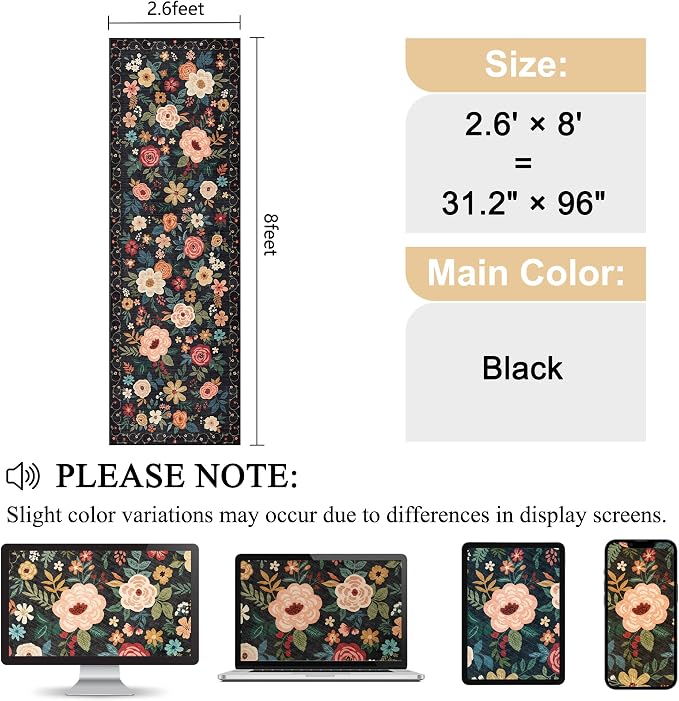DUKINO 2.6x8 Runner Rug, Washable Runner Rug for Hallway Non Slip, Black | Low Pile, Soft, Floral Indoor Rug for Kitchen, Entryway, Bedroom, Bathroom, Pet Friendly, Stain Resistant, Modern Home Decor