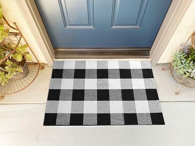 UKELER Black and White Rug 2×3, Cotton Buffalo Plaid Rugs for Front Porch Machine Washable Cute Farmhouse Layered Door Mats Welcome Doormats Outdoor Front Porch Rugs