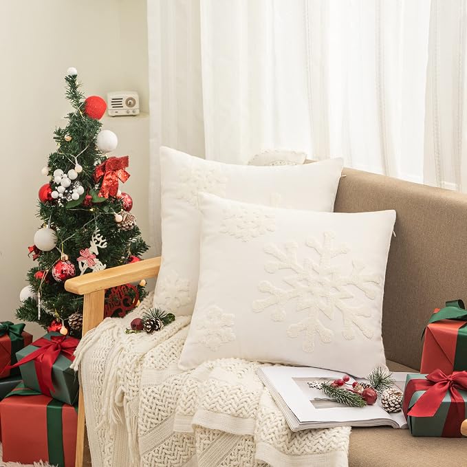 18x18,Cotton Christmas Blessing Throw Pillow Cover for Bed Sofa Cushion Car Snowflake Embroideried Pillowcases,1pair White