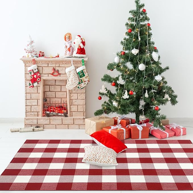 USTIDE Red and White Buffalo Plaid Rug 3'x5', Christmas Front Porch Rug Cotton Hand-Woven Checkered Outdoor Rug Washable Layered Door Mats Carpet for Porch/Entryway