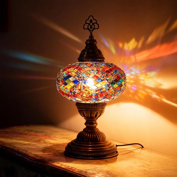 Moroccan Turkish Lamp – Colorfull Mosaic Glass Bedside & Desk Light, Handcrafted Vintage Home Decor with E12 Socket