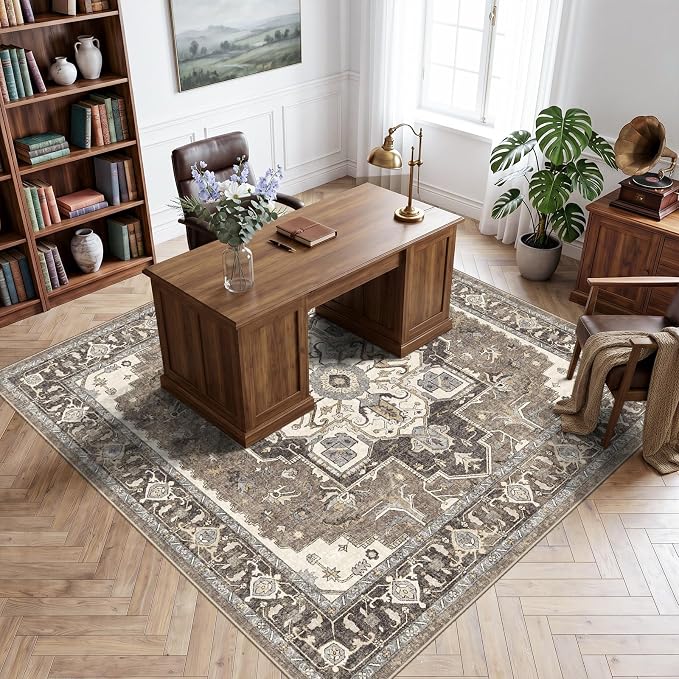 8x8 Area Rug Square for Living Room: Large Non-Slip Washable Rugs for Bedroom Dining Room Vintage Soft Low Pile Carpet Thin Stain Resistant Indoor Floor Mat for Home Office Apartment (Beige,8x8)