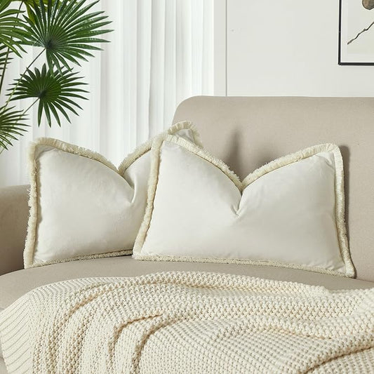 JUSPURBET Cream Velvet Throw Pillow Covers 16x24 Inch Set of 2 with Soft Tassel Fringe Luxury Boho Pillowcase for Sofa Couch Bed Home Decor Machine Washable