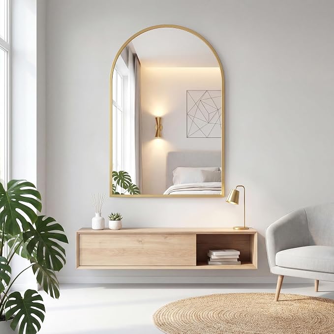 Arched Gold Bathroom Mirrors for Wall, 20x30-Inch Bathroom Mirror for Over Sink, Wall Vanity Mirror with Matte Metal Frame and HD Shatter-Proof Glass for Entryway, Living Room, Bedroom