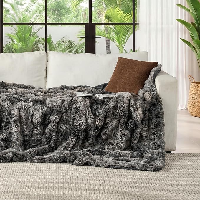 Lotus Karen Faux Fur Blanket Tie-Dye Dark Gray Twin Size - Big Bubble Rabbit Fluff Throw for Couch Small Fluffy Fuzzy Cozy Thick Furry Plush Shaggy Blankets 108x90 Inches