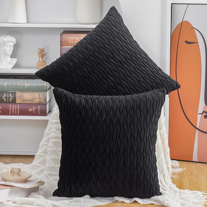 MADIZZ Set of 2 Super Soft Velvet Decorative Throw Pillow Covers 16x16 inch Black Square with Texture Luxury Style Cushion Case Pillow Shell for Sofa Bedroom