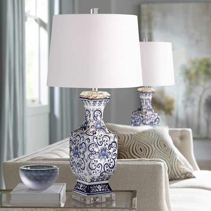 Iris 28" Tall Table Lamps Set of 2 Blue White Porcelain Jar Traditional