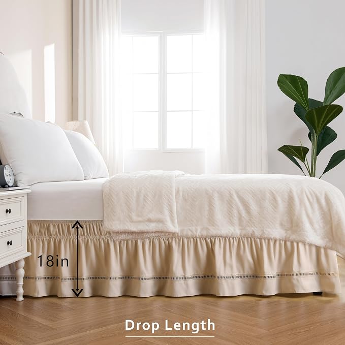 MIYE Wrap Around Ruffled Lace Bed Skirt, Elastic Dust Ruffle with Adjustable Belts, Easy to Put On, Bed Frame Cover, Machine Washable (Ruffled Lace/Beige, King/Queen-18 Drop)