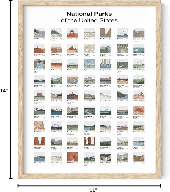 HAUS AND HUES National Parks Checklist Poster - 63 Illustrated Park Thumbnails Art Print - Vintage Style Print for Travelers, Nature Lovers, and Adventure Enthusiasts (Beige Framed, 11x14)