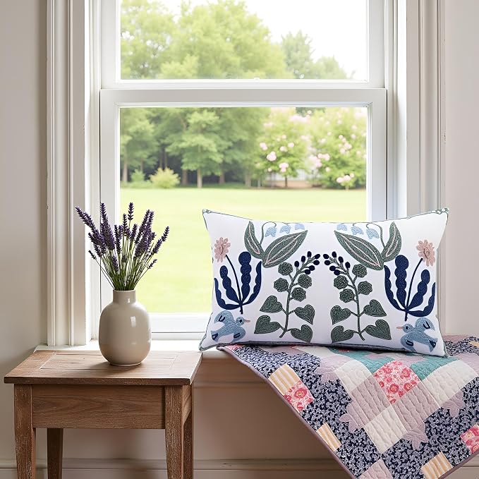 Embroidered Throw Pillow Covers 12x20 inch Set of 2 Blue Birds | Durable Fabric,Lumbar Pillow Cover,Boho Decorative,Hidden Zipper,Aesthetic Design,Ideal Gift,Machine Washable
