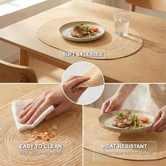Placemats Set of 6, Woven Oval Braided Dining Table Mats(Beige Brown) | 12 x 17.5 Inch Size Fits Plates and Flatware; Hand Washable and Heat Resistant for Kitchen Use, with Farmhouse and Boho Style