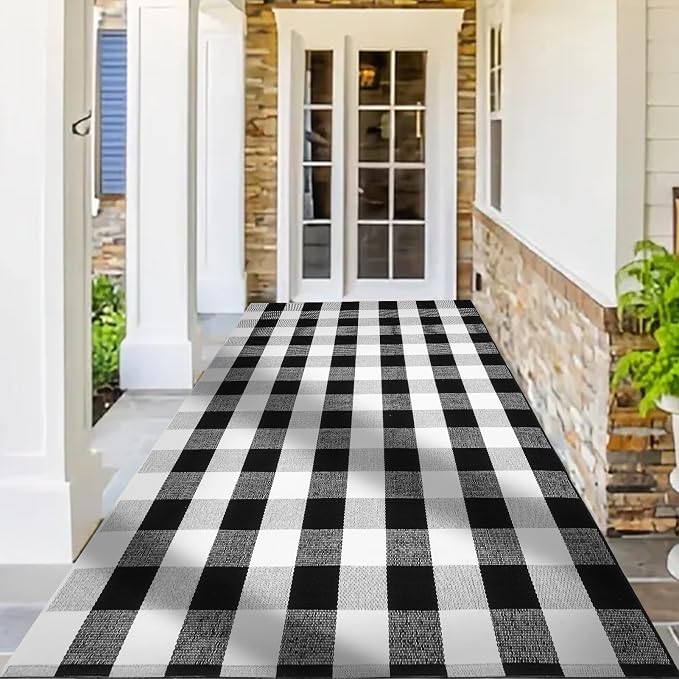 Buffalo Plaid Area Rug 4x6 Ft, Black White Indoor Outdoor Rug | Cotton Blend, Black White Checkered, Machine Washable, Front Porch Entryway, Kitchen Bathroom