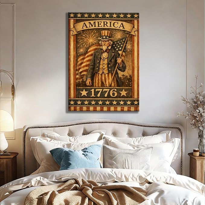 Made in USA Vintage Patriotic Uncle Sam 1776 Wall Art, American Flag Canvas Prints, 4th of July Independence Day Decor for Living Room, Bedroom, Kitchen & Holiday, Framed