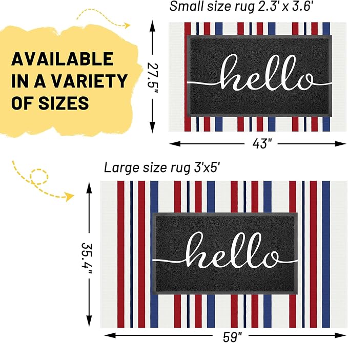 KILOCOCO 250th Anniversary Patriotic Striped Rug 3x5 ft, Red Blue White | Washable Front Door Rug, Woven Welcome Mat for Front Porch, Outdoor Rug for Memorial Day, Indoor Independence Day Decor